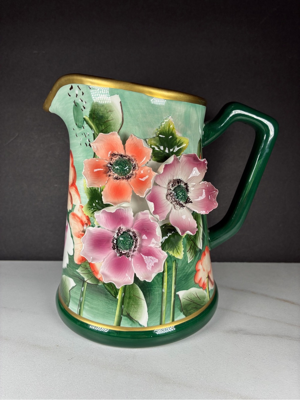 Leslie Cox Majolica Style Ceramic Pitcher with 3D Raised Flowers and Gold Trim
